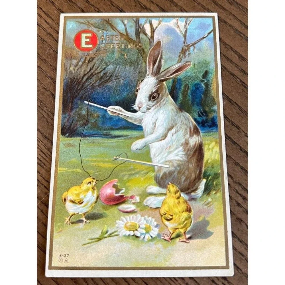 Antq Embossed Easter Rabbit‎ Plays Diabolo Sticks Broken Eggs Postcard Nash E37